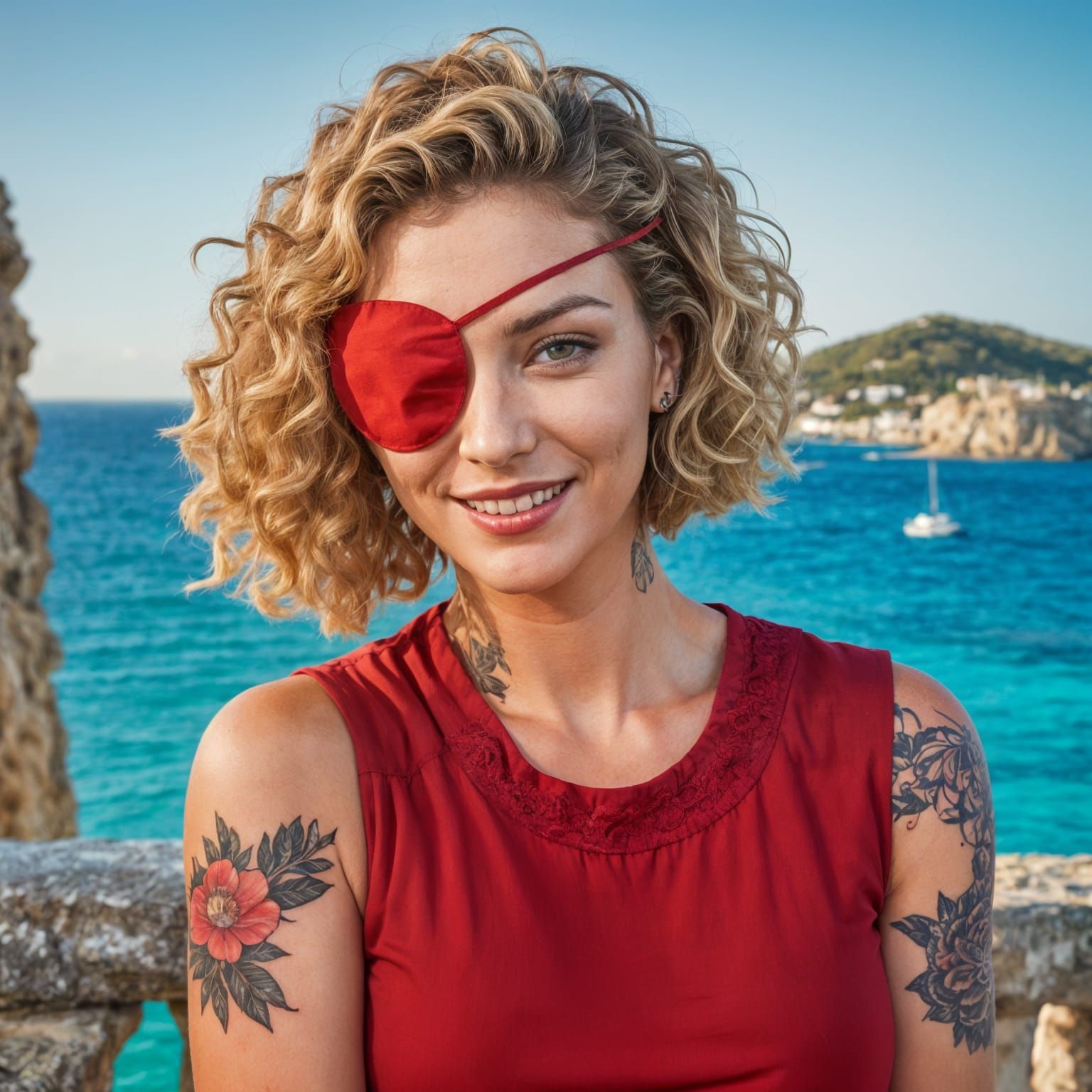 Tattooed Woman with Red Eyepatch in Summer Dress