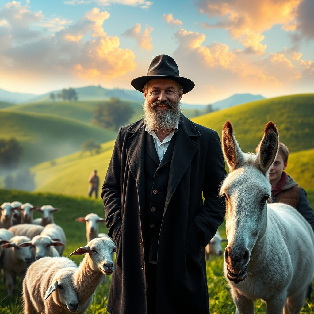 גבר חרדי ליטאי עם שתי ילדים נוער גבעות בגבעה עם כבשים גזע ניו זילנד ועם חמור גזעי לבן בן 9