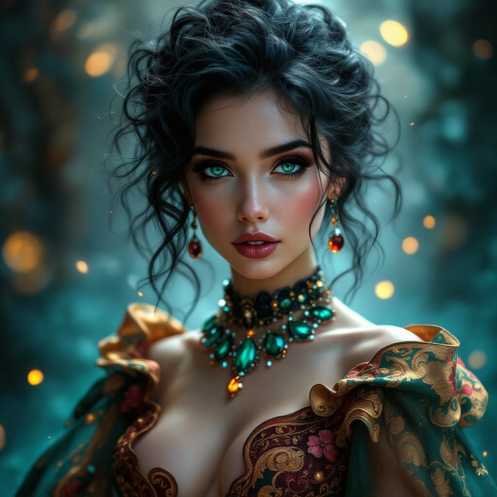 Ethereal Woman in Brocade Gown, Art Nouveau Style