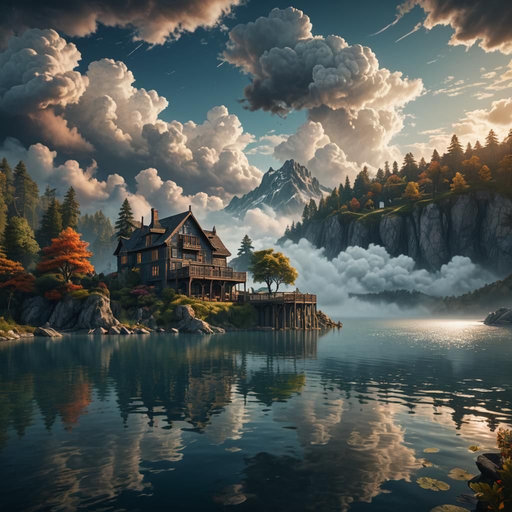 Coastal Lake House with Cloudscape, Detailed Digital Art