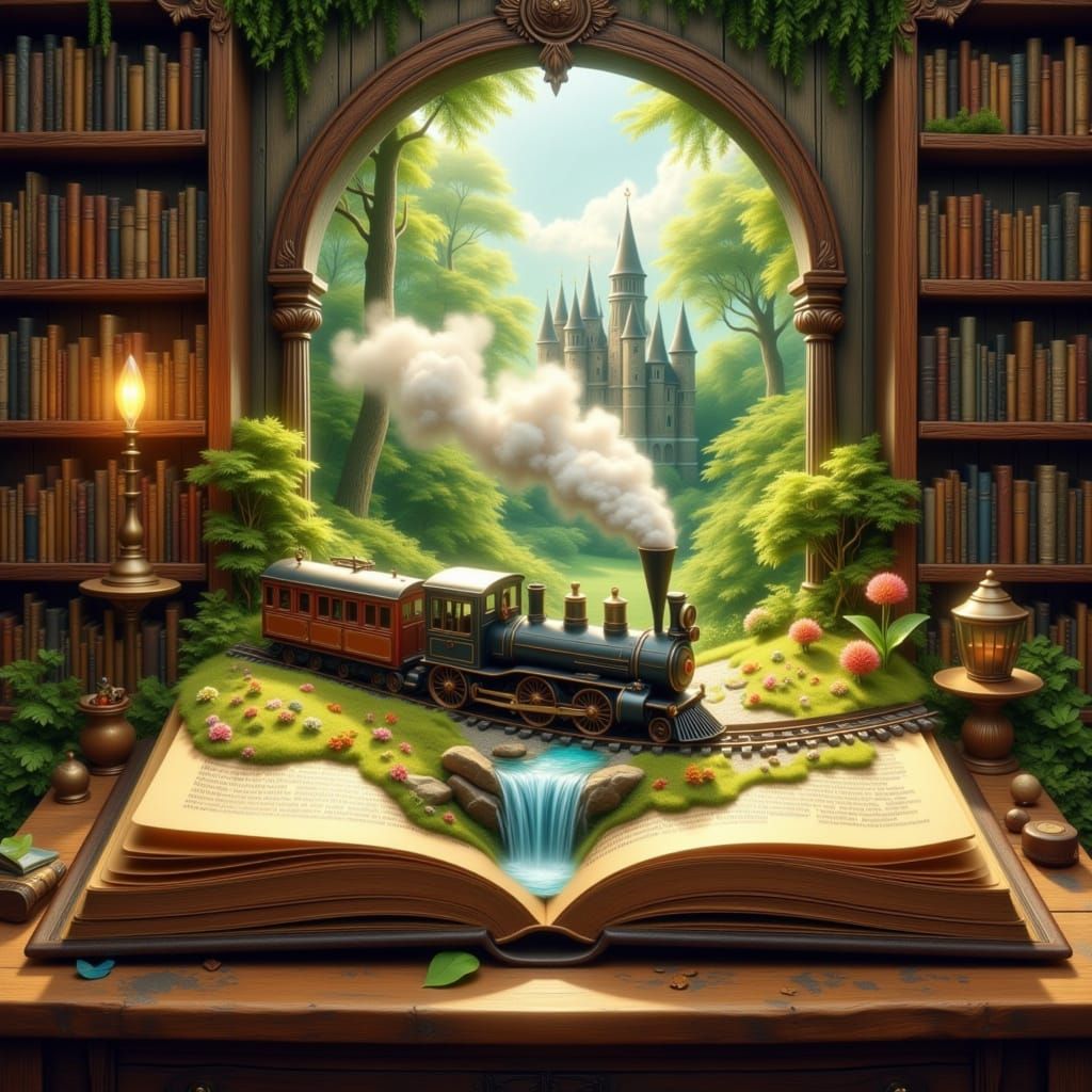 Miniature Train Scene in Open Book, Watercolor Style