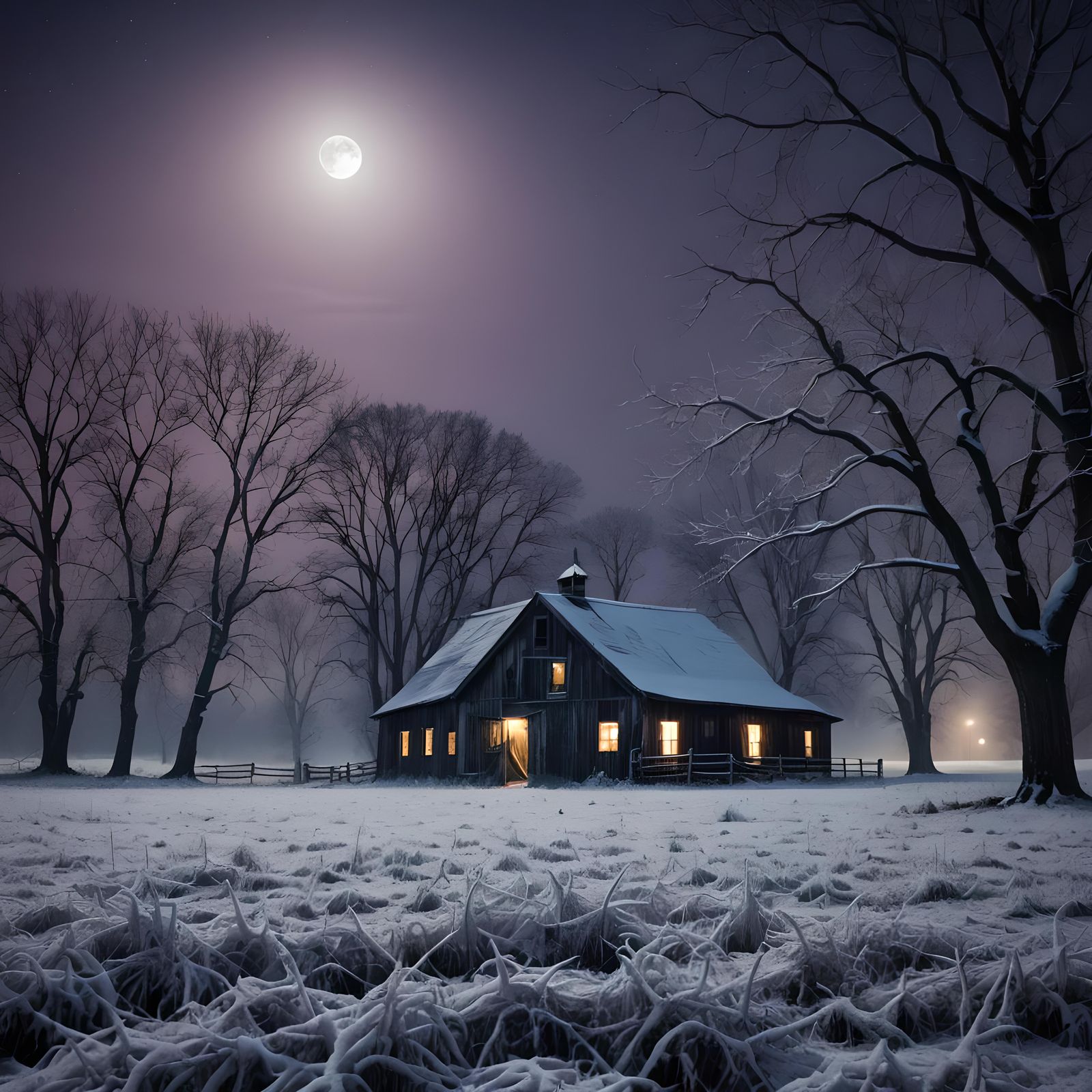 Snowy Barn Under Full Moon in Winter