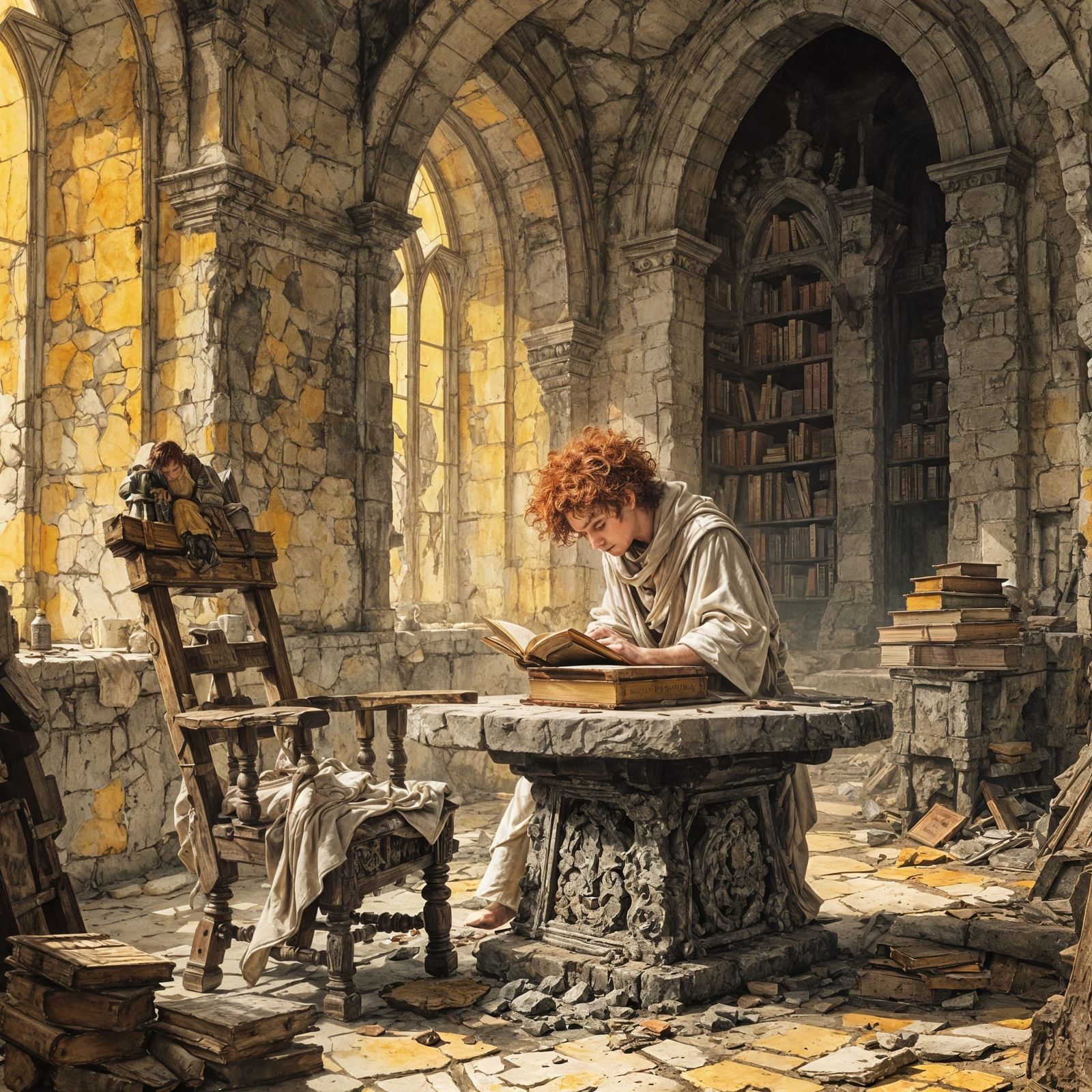 Halfling Wizard in Ruined Library, Ink Drawing