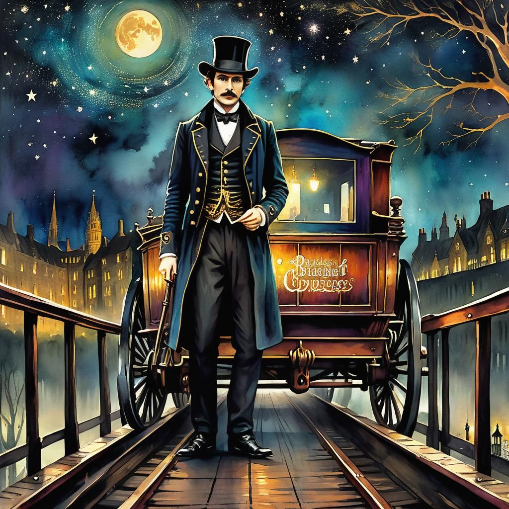 Victorian Steampunk Wagon Driver Under Starry Night