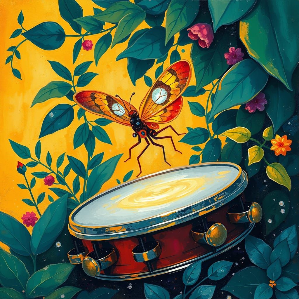 Whimsical Firefly in Lush Tropical Scene with Tambourine