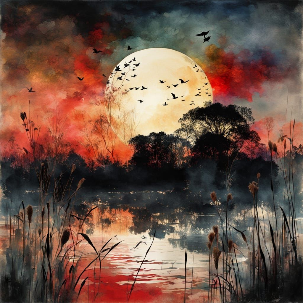 wild pond with reeds, wildflowers at sunrise