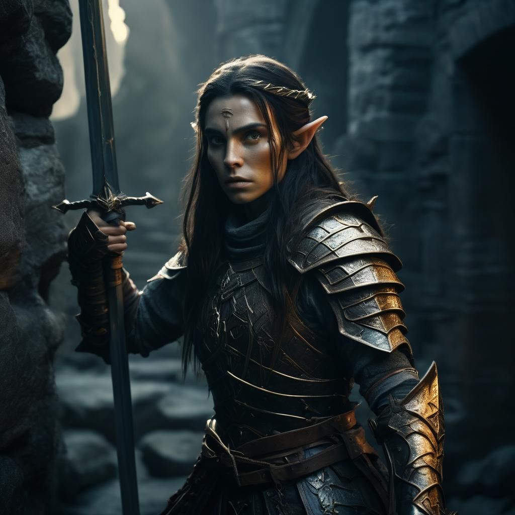 Armored Elf Warrior Climbing to Dungeon: Cinematic Film Stil...