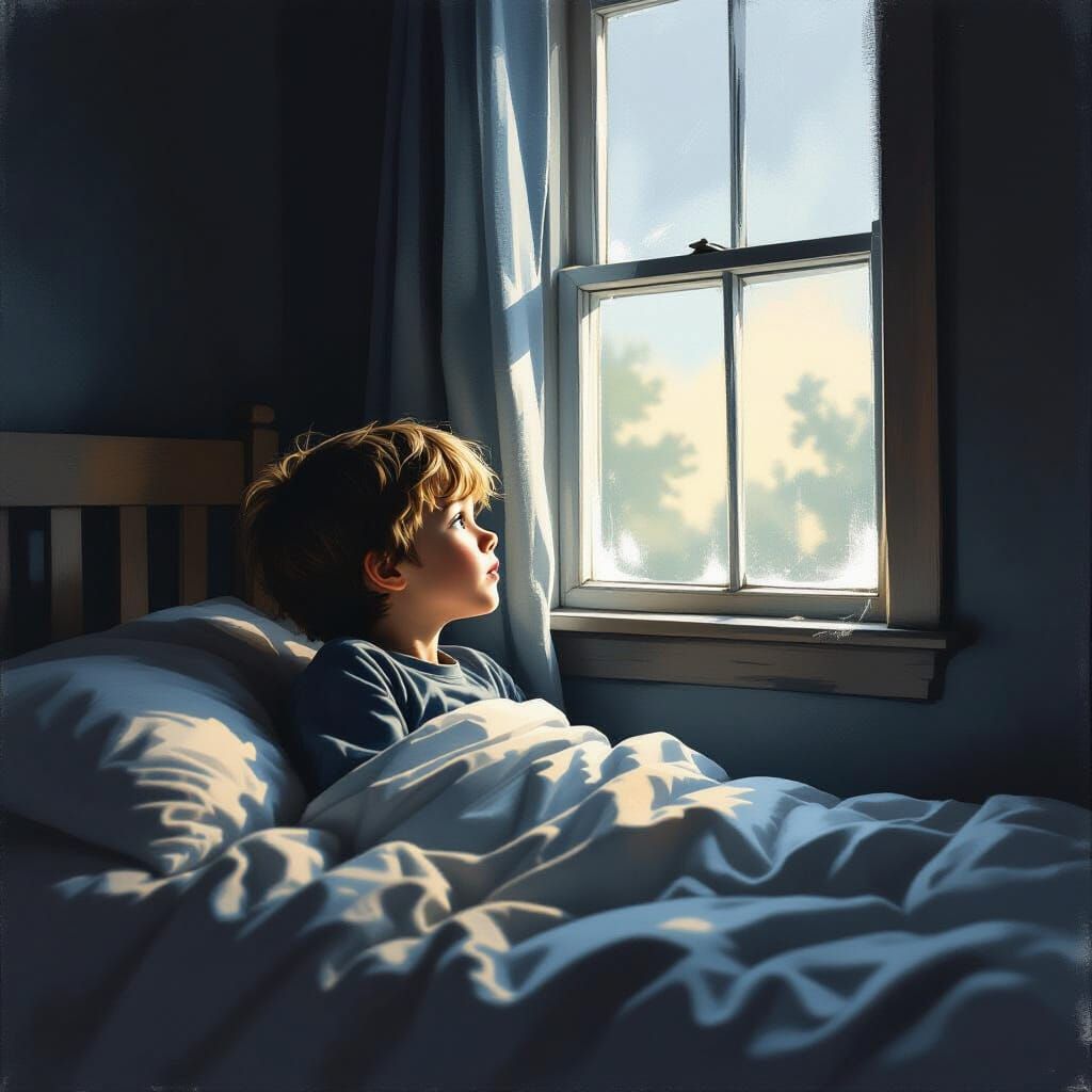 Boy Peering Through Window in Dark Room