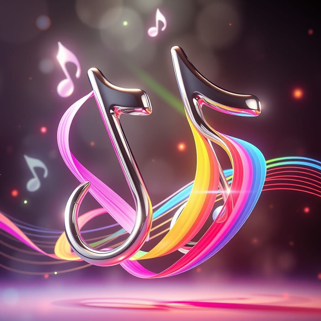 Chrome Musical Notes and Rainbow Ribbons in Dreamy Light