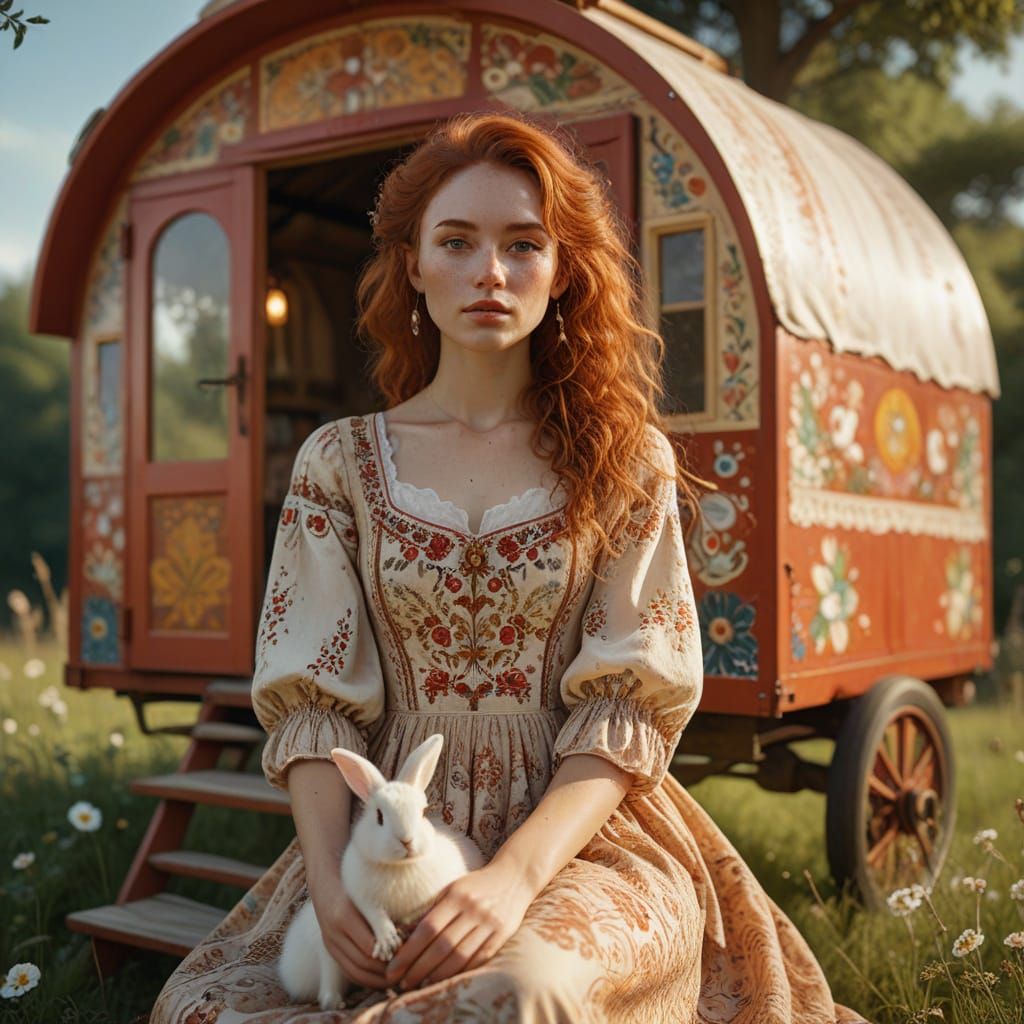 Whimsical Irish Gypsy Girl in a Colorful Meadow