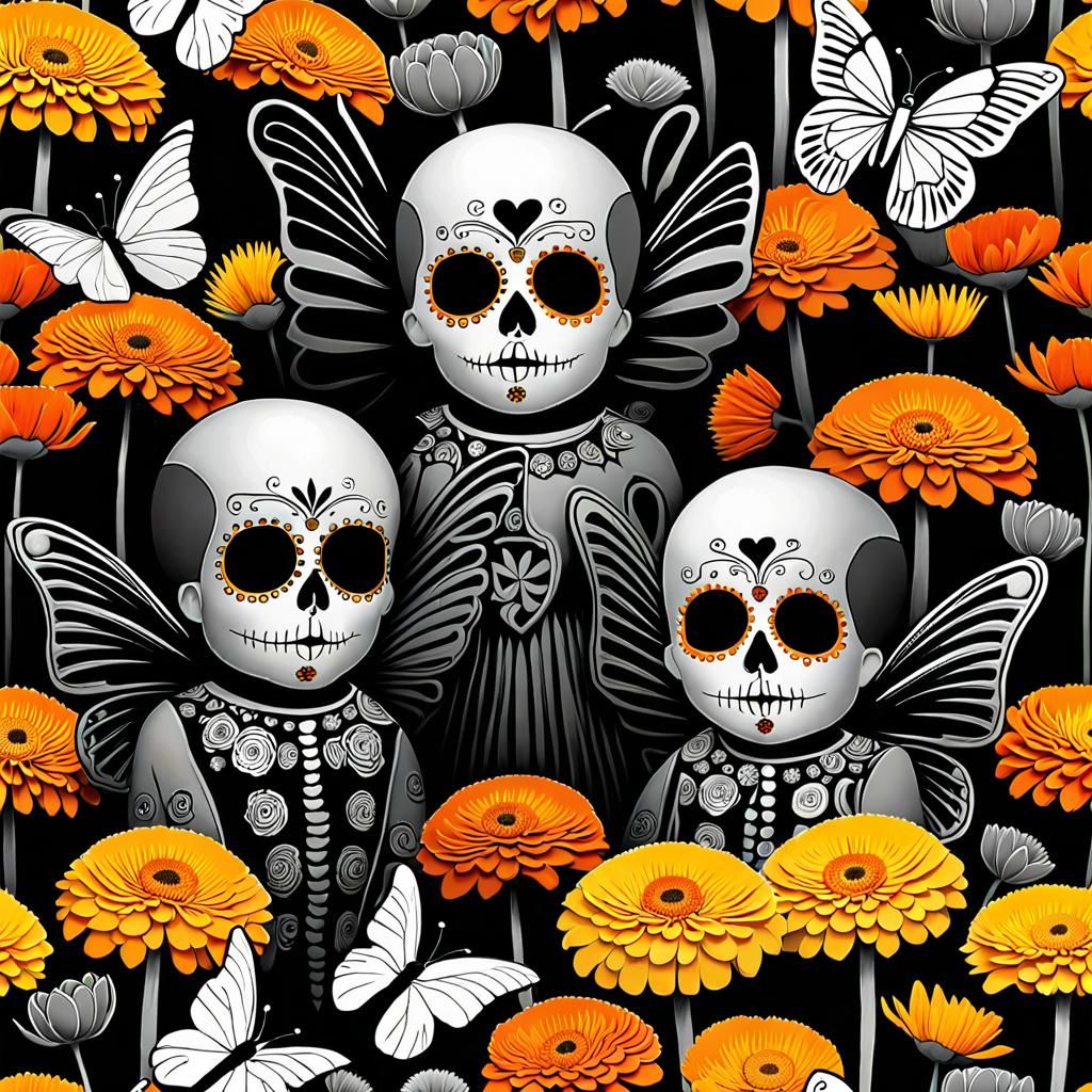 Angel babies with sugar skull make up and butterfly wings in a Million Marigolds dreamscape, gathered by an angel ,...
