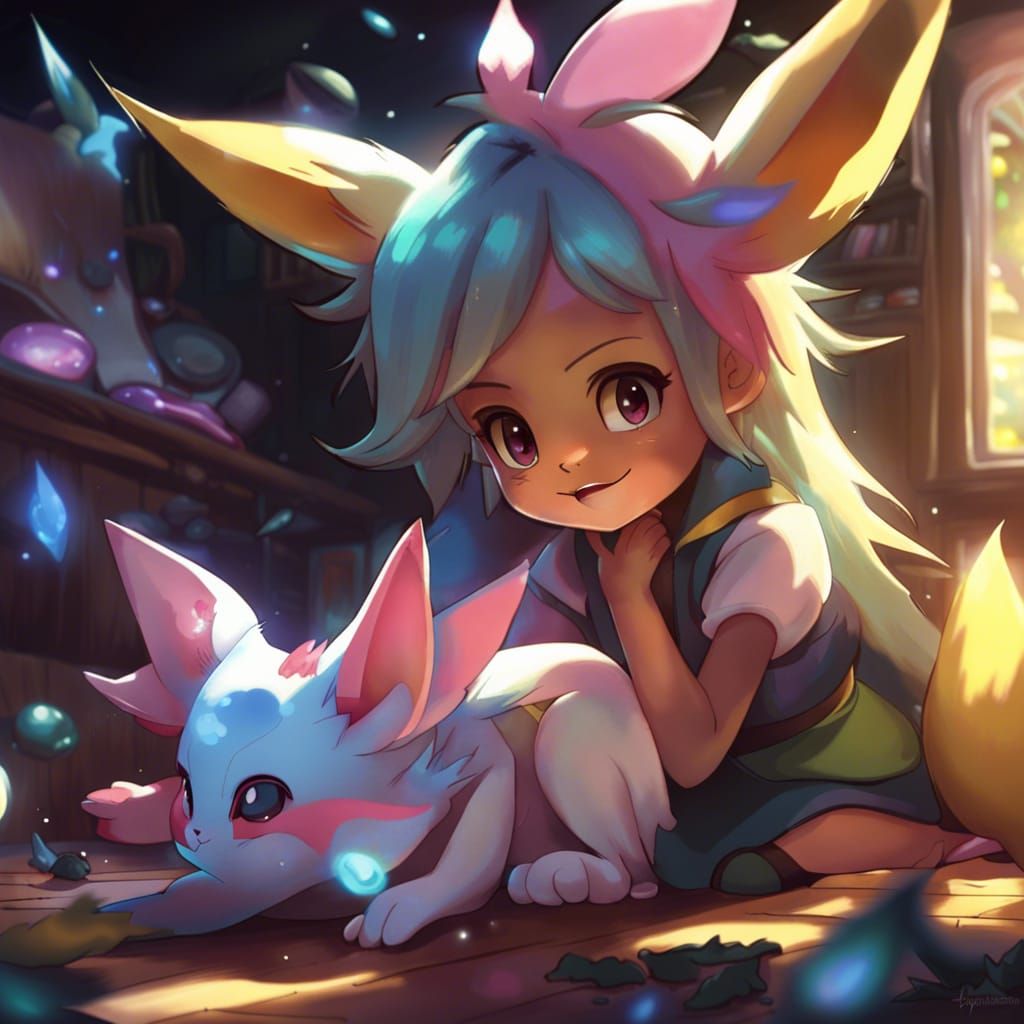 Girl with Eevee and Evolutions: Dark Fantasy Art