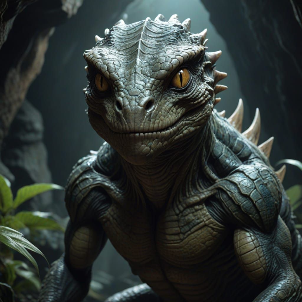 Alien Reptilian Creature in Shadowy Cavern