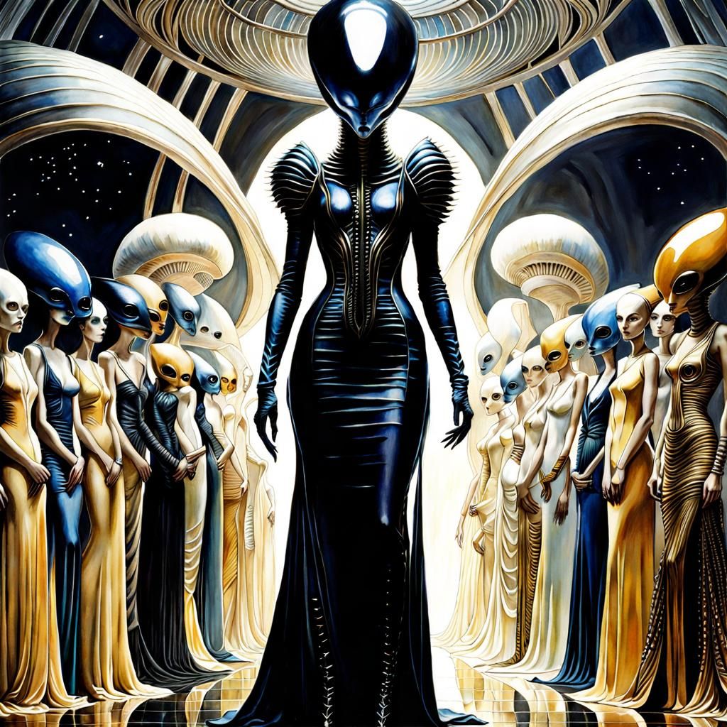 Alien Haute Couture Fashion Show in Watercolor Style