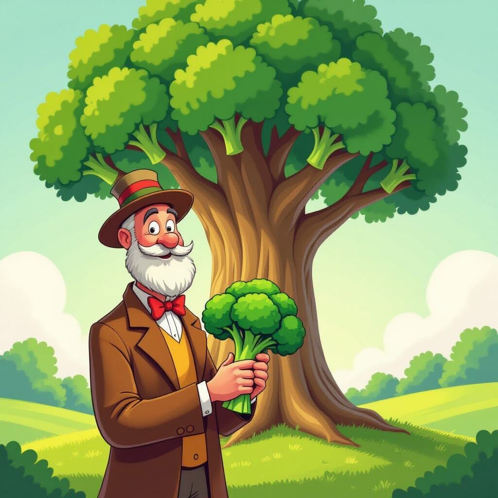 Whimsical Broccoli Man and Tree Illustration
