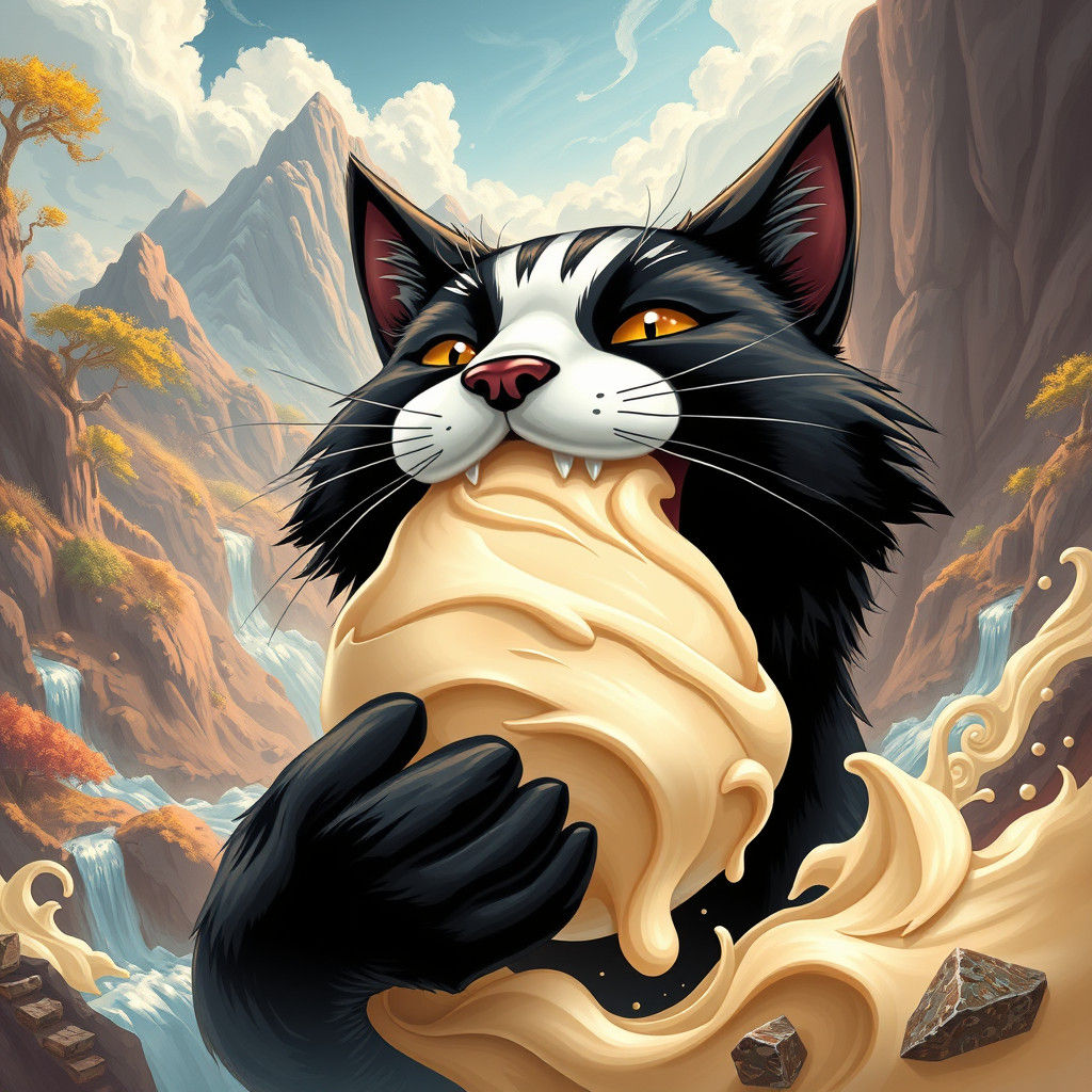 Big Cat Devouring Ice Cream in Dreamlike Landscape
