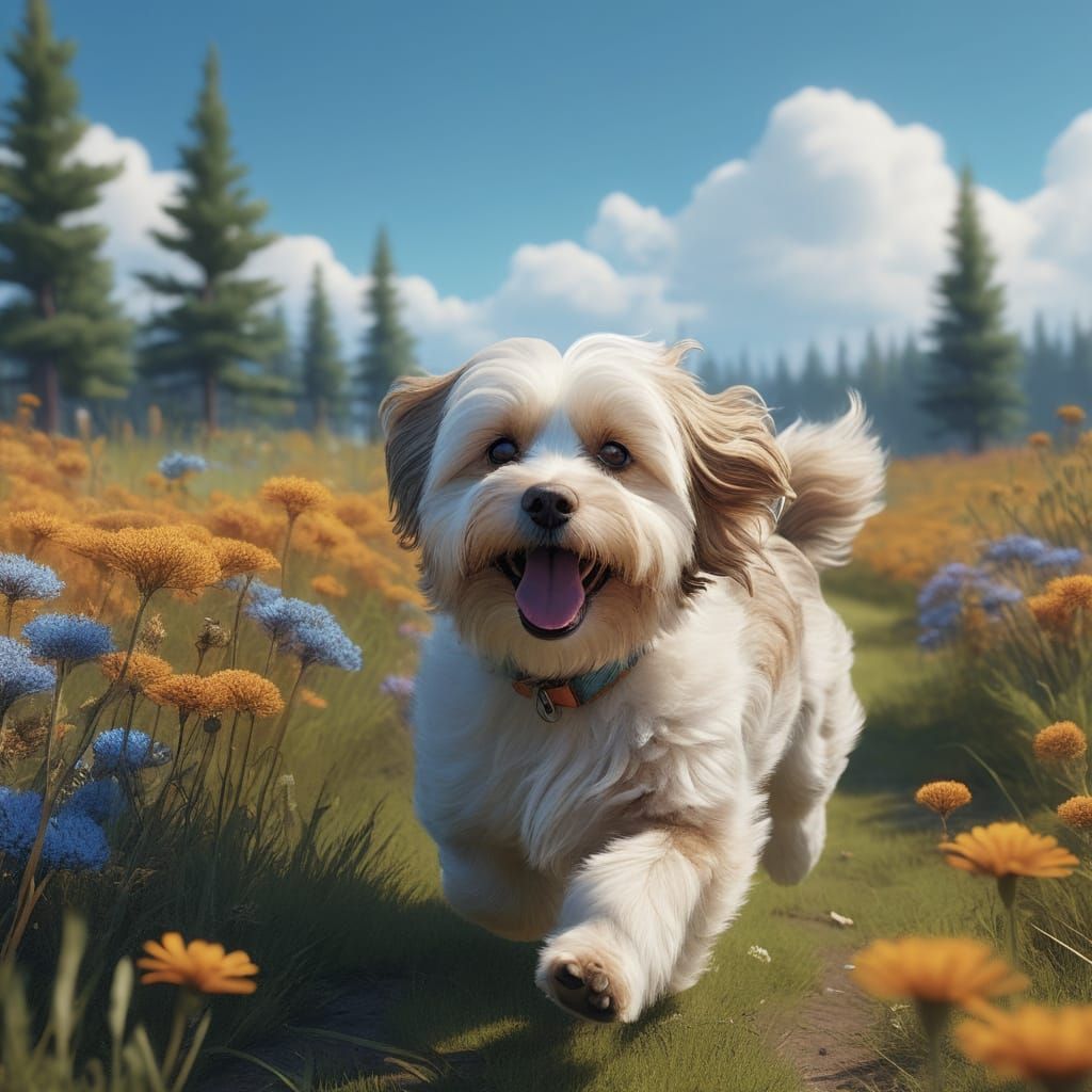 Joyful Havanese Dog Runs in Vibrant Fantasy Meadow