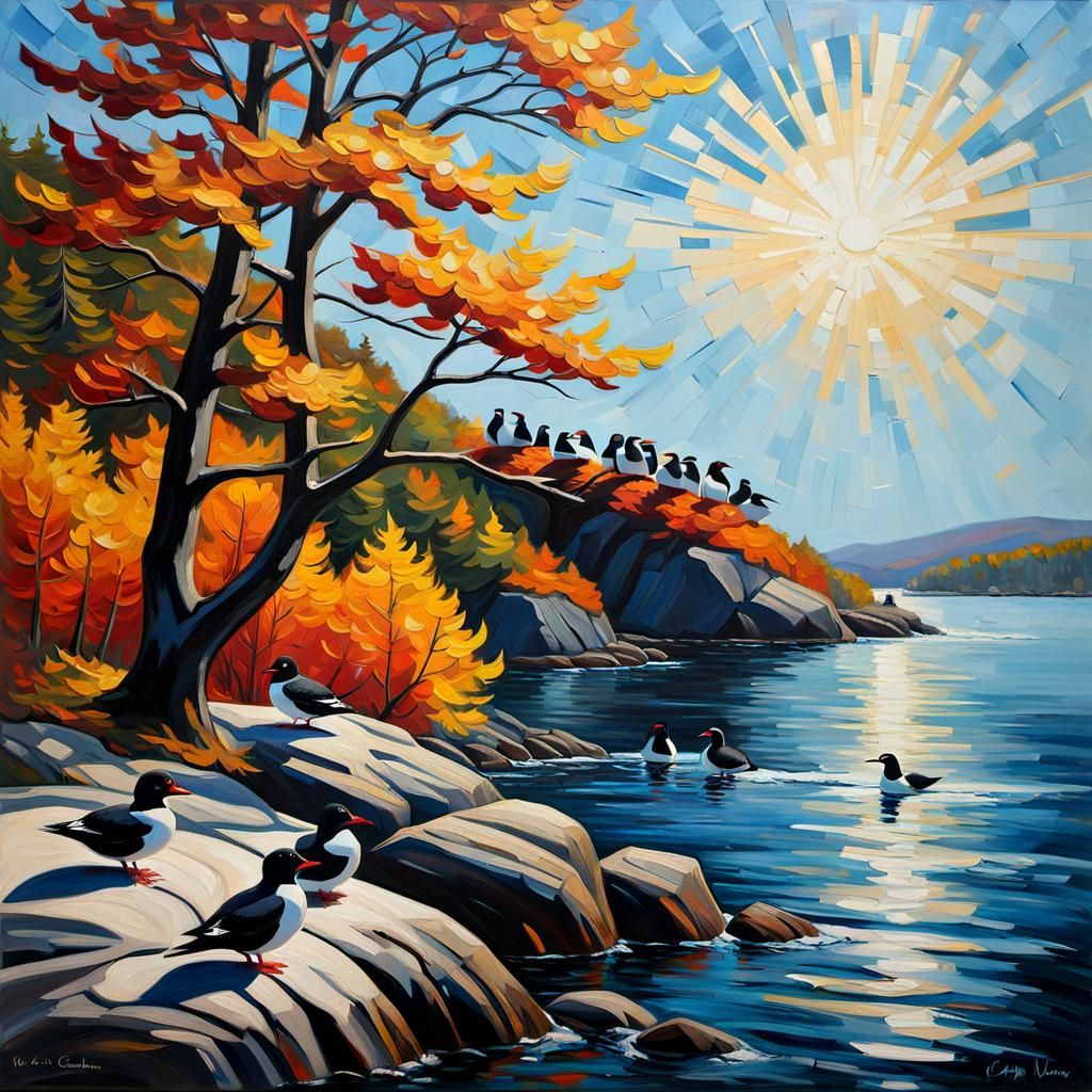 Black Guillemot Birds in Maine: Oil Painting