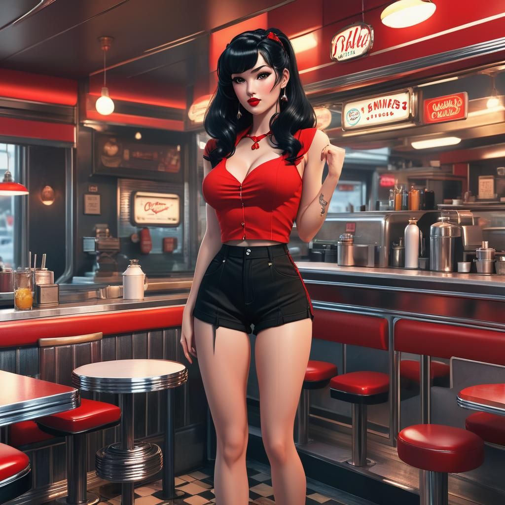 Vintage Pinup Girl in Diner, 3D Anime Art