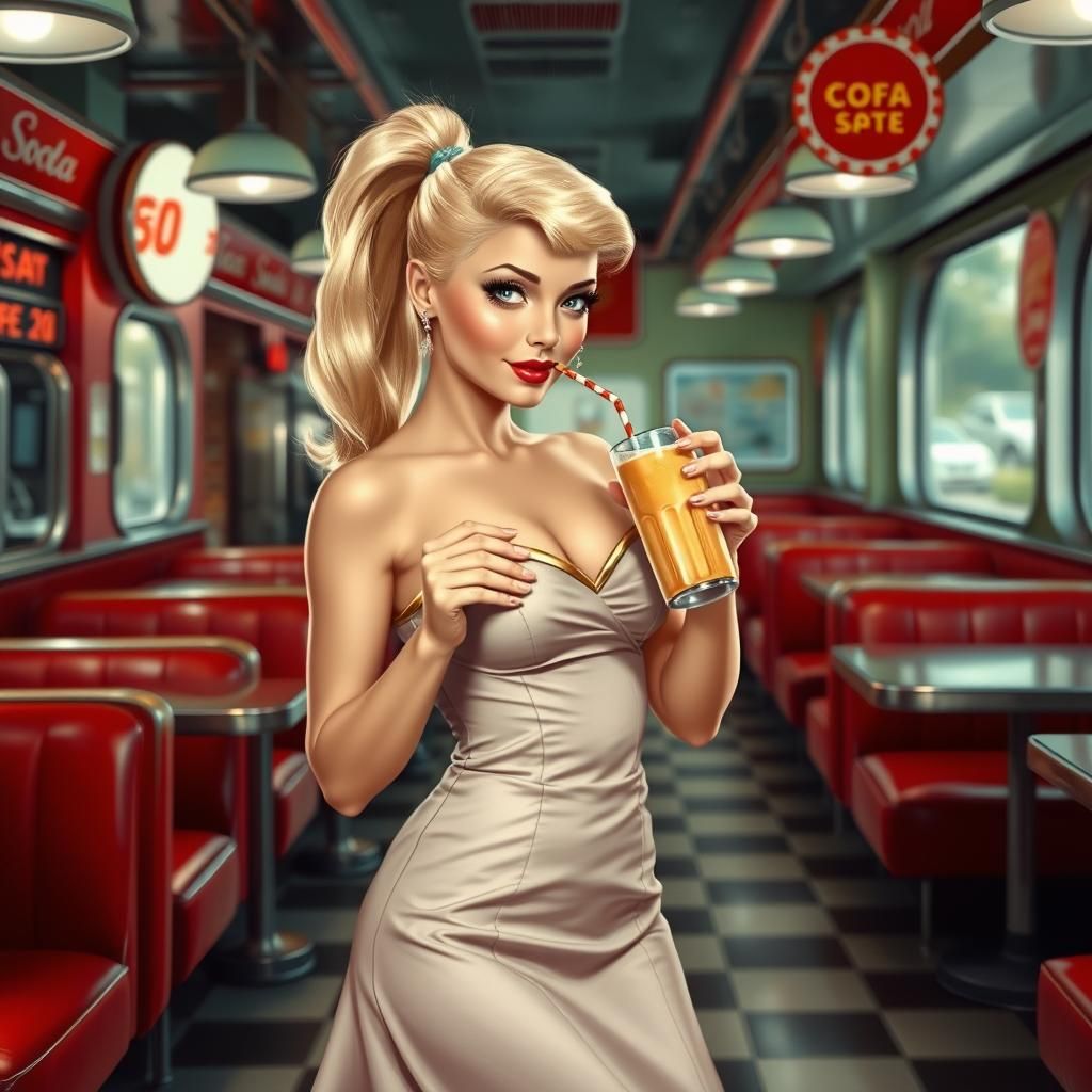 Blonde Bombshell in 1950s Soda Shop, Pin-Up Style