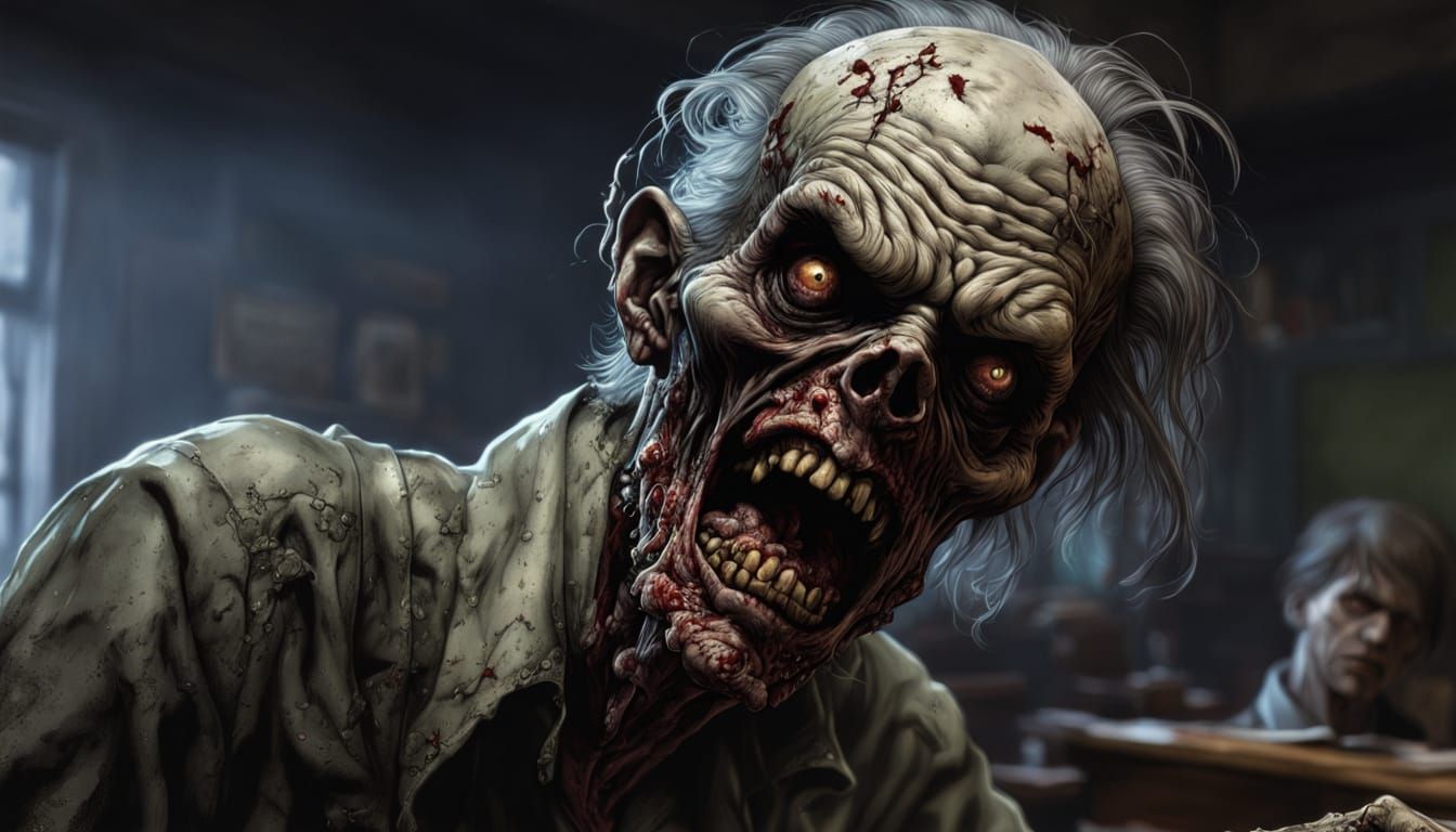 Zombie in Dark Academia Classroom: Hyperrealistic Comic Art