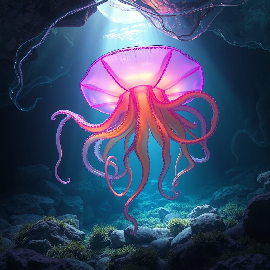 Majestic Medusa in Iridescent Underwater Cave