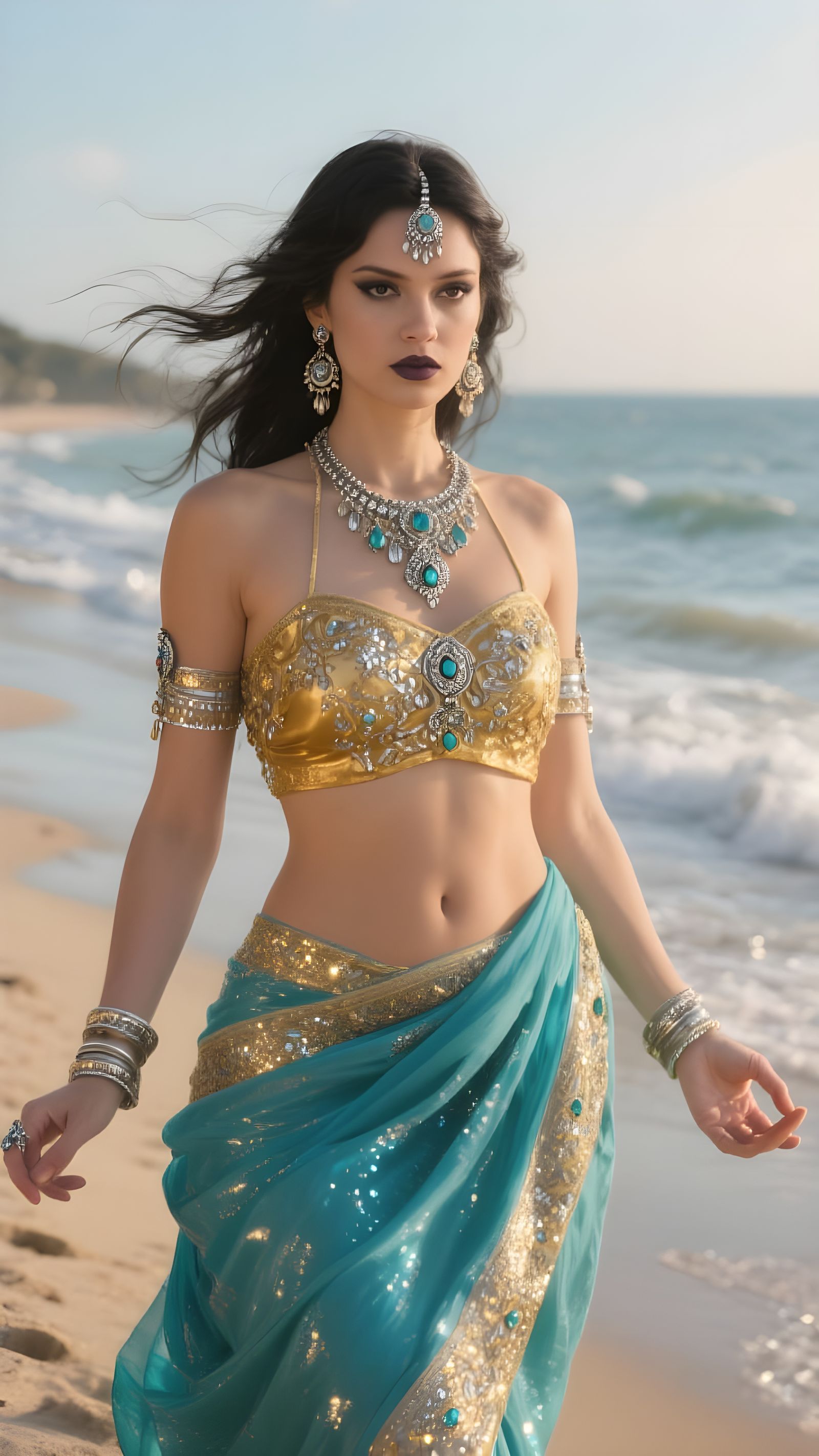 Nordic Irish Woman on Serene Coastline in Gold and Turquoise