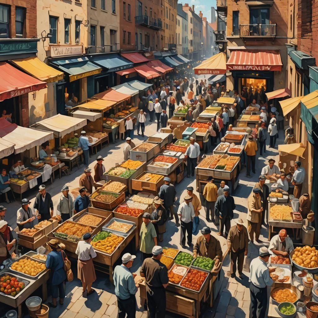 Vibrant Street Food Market in Impressionist Style