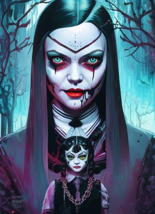 Wednesday Addams Portrait in Gouache Illustration Style