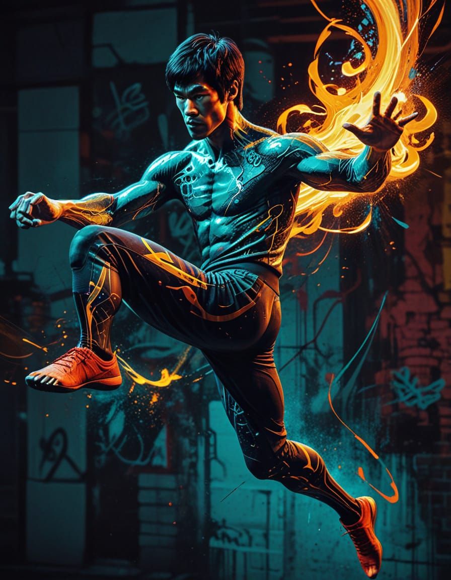 Bruce Lee Mid-Air Kick in Cyberpunk Graffiti Art