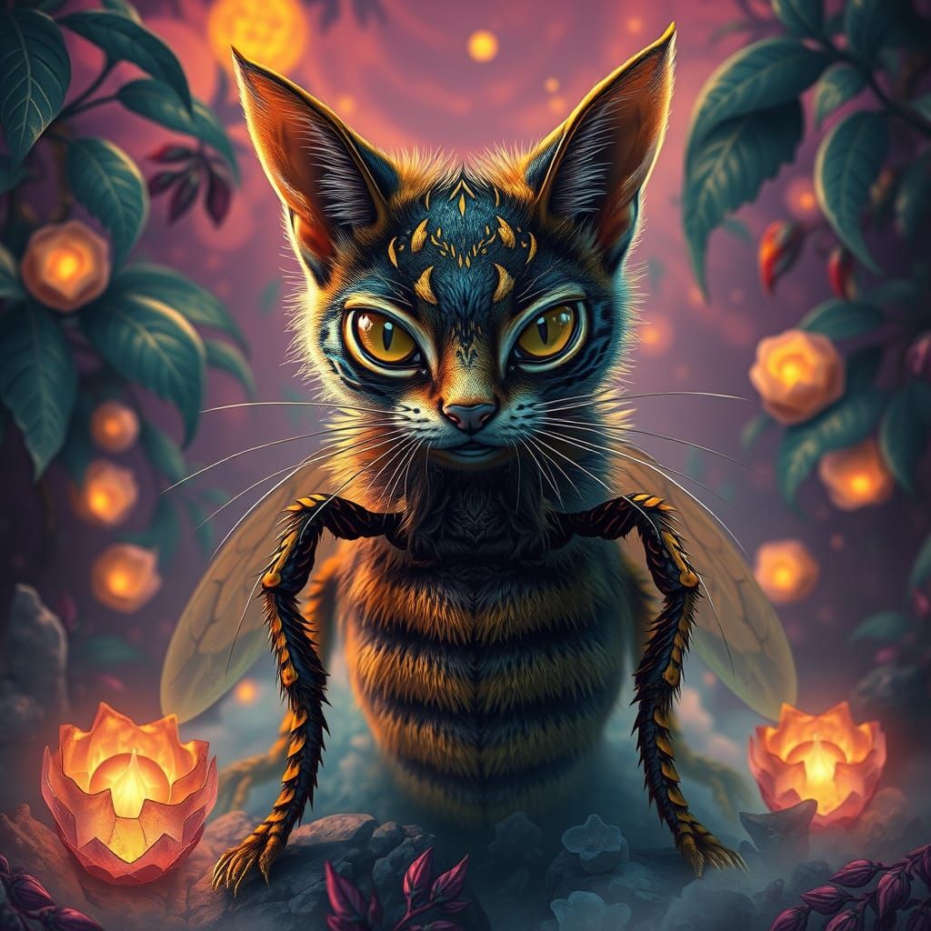 Futuristic Feline-Insect Hybrid in Vibrant, Dreamlike Landsc...