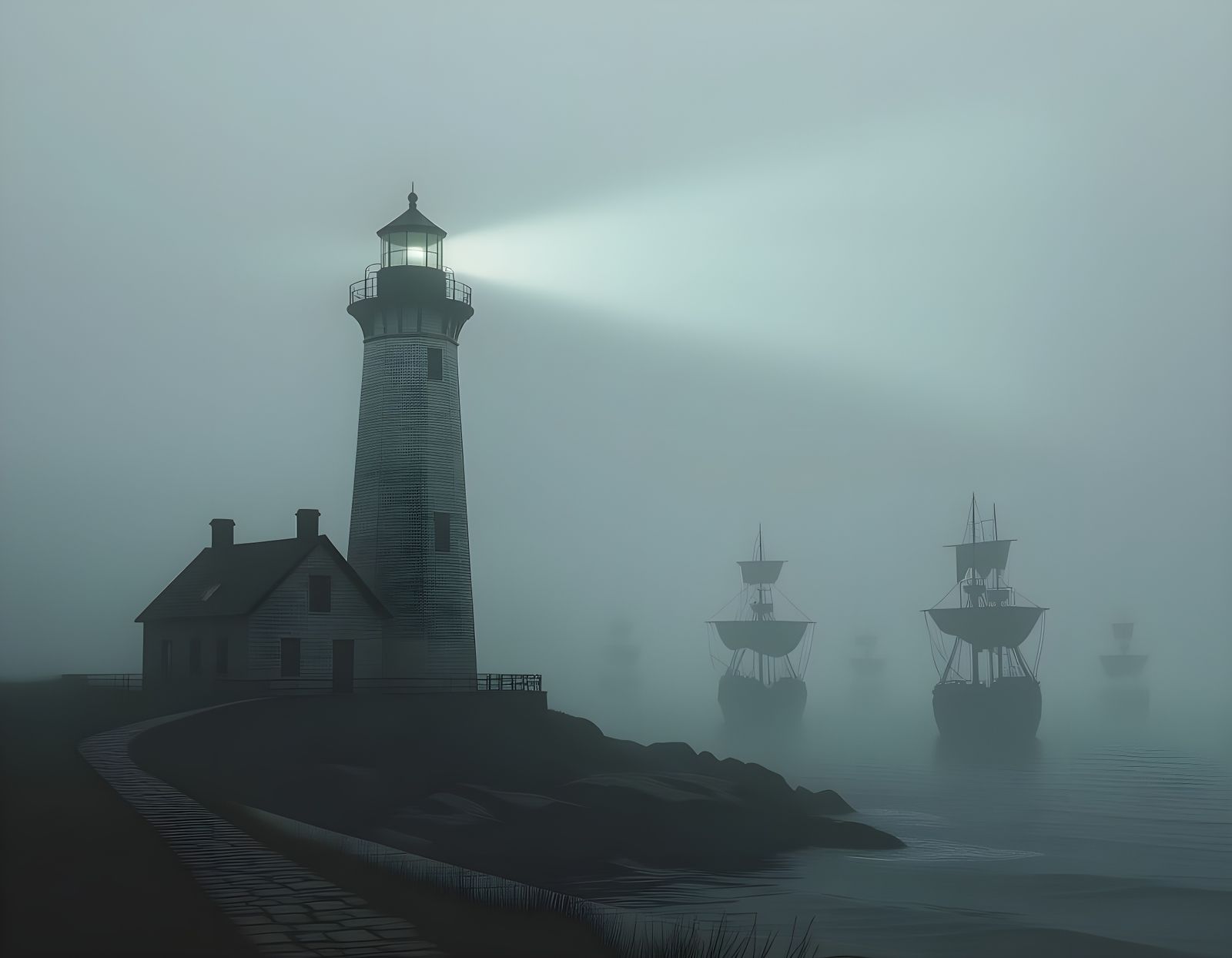 Ghost Ships in Fog, Lighthouse Horror Scene