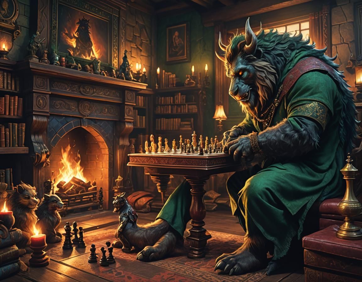 Beast Playing Chess in a Fantasy Interior