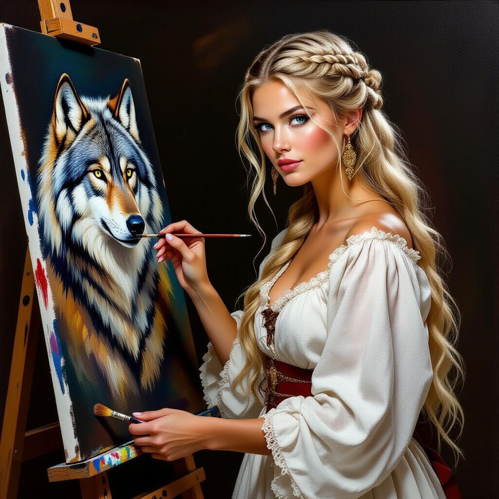 Viking Woman Painting a Wolf in Renaissance Style