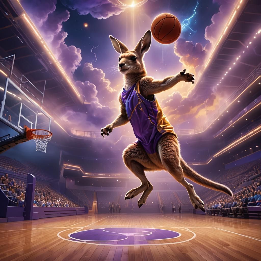 Kangaroo Dunks in Dreamlike Arena: Fantasy Concept Art