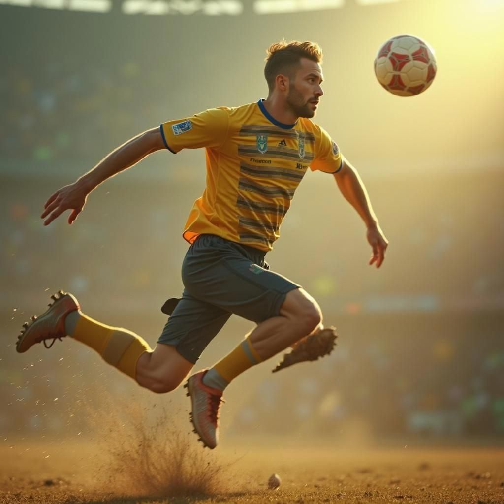 1930s Soccer Player Heading Ball, Detailed Matte Painting