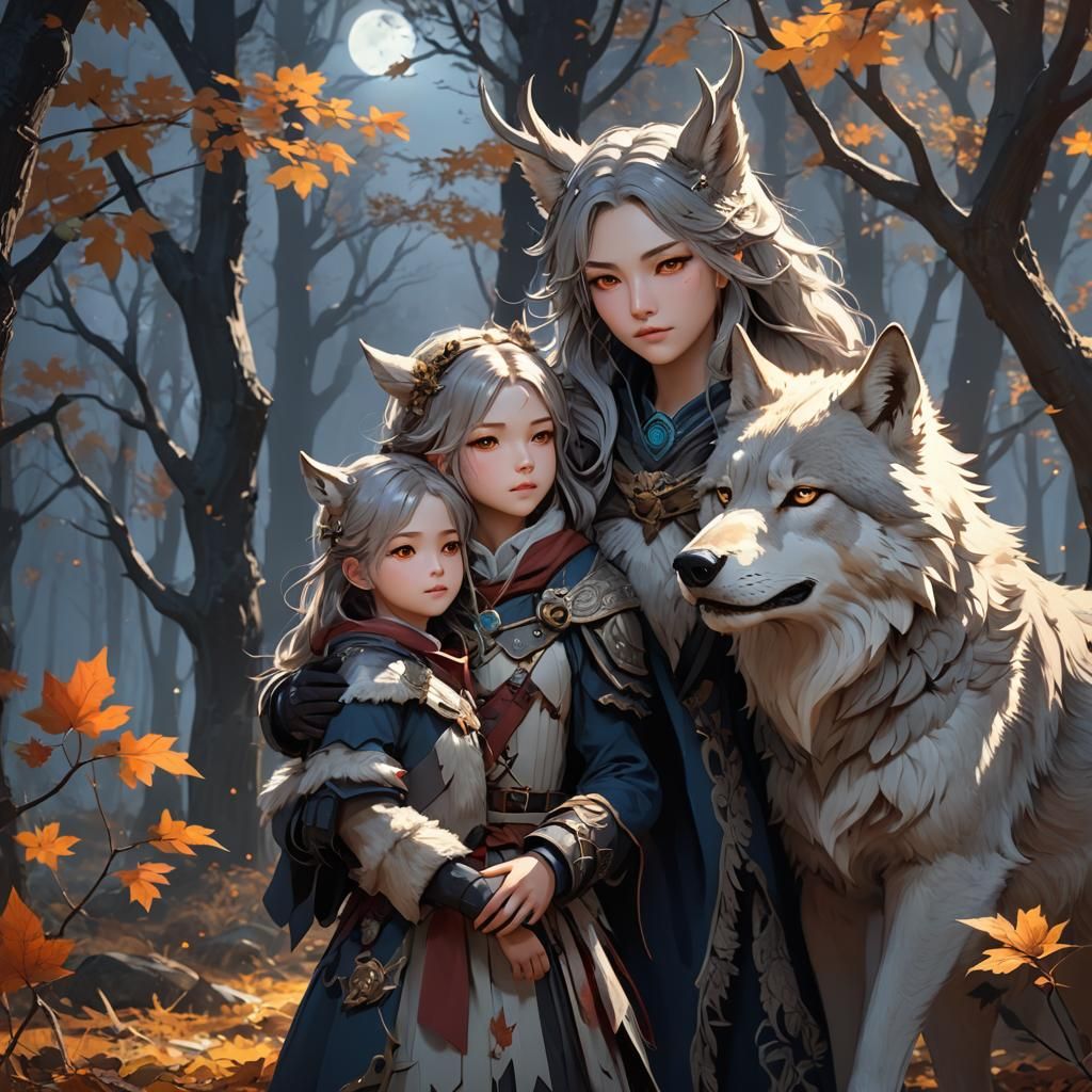Forest Queen, Daughter, and Horned Wolf Guardian