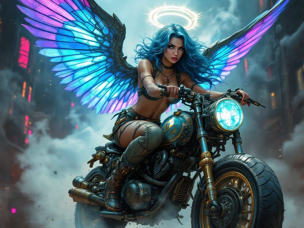 Angel Rides Steampunk Junk Bike through Dystopian Cityscape
