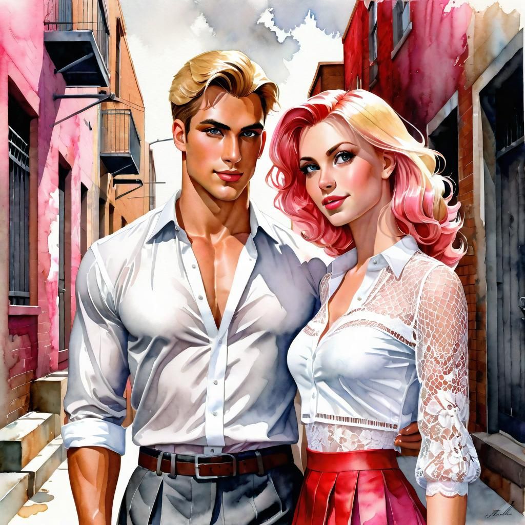 Young Couple in Alley: Watercolor and Pencil Sketch