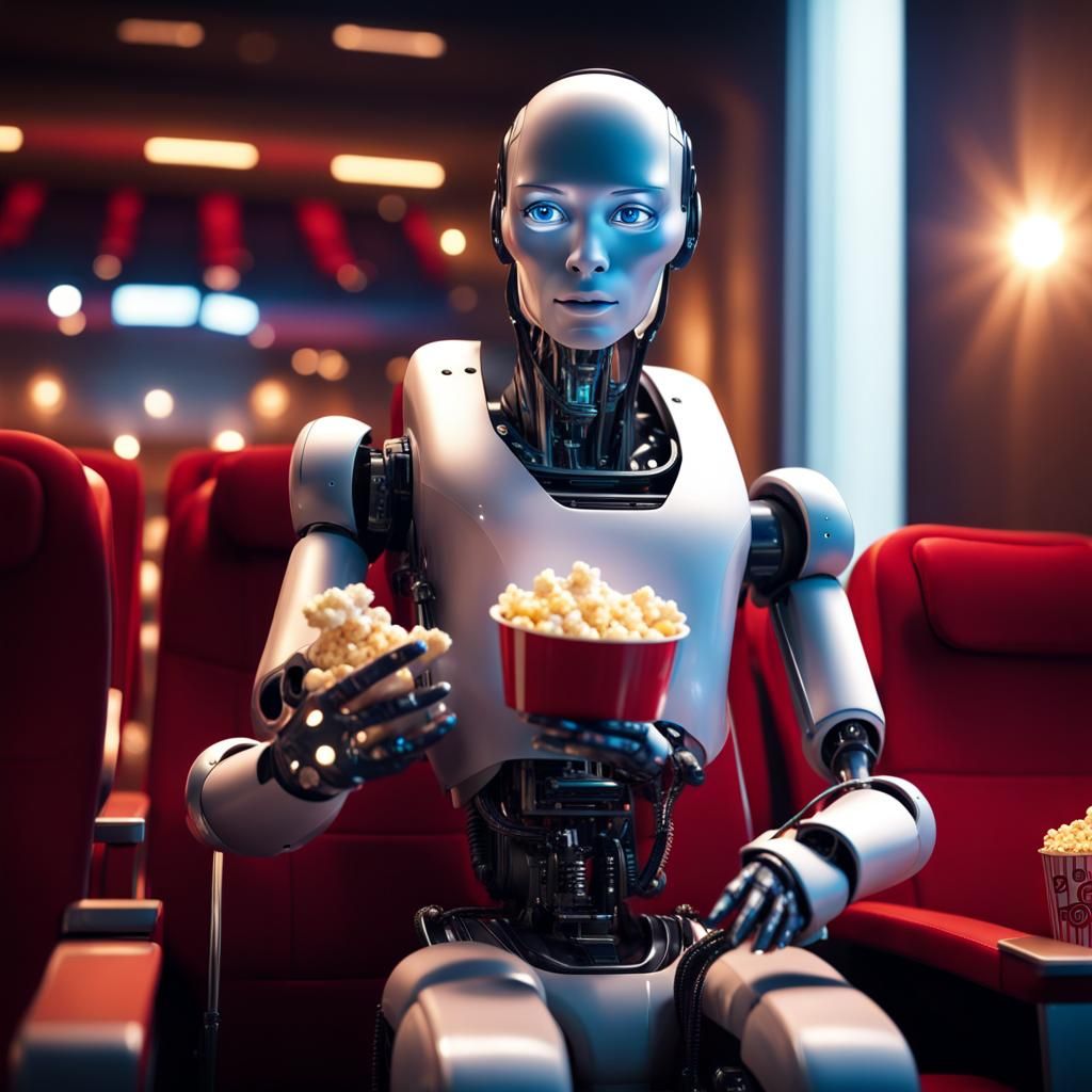 Hyperreal Robot Enjoying Movie in Cinema