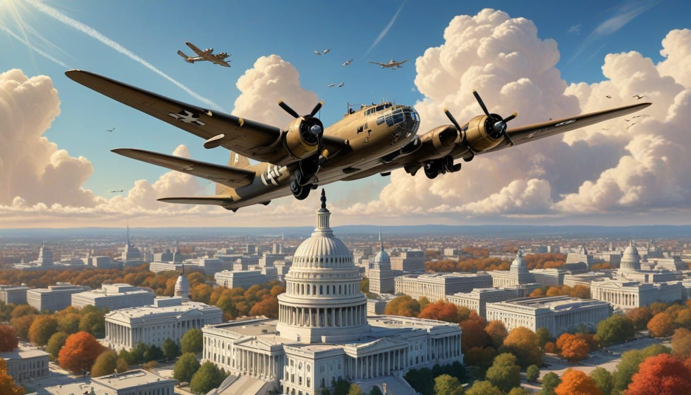 Vintage B-17 Bomber Soars Over U.S. Capitol in Warm Sunlight