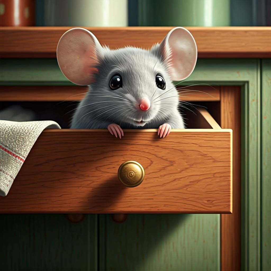 Adorable Mouse in Kitchen Drawer, Golden Book Style
