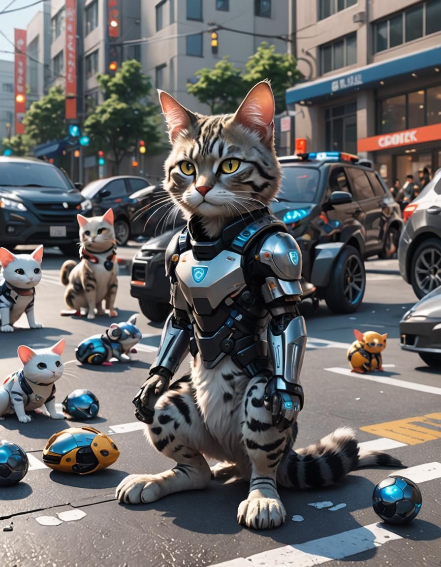 Cybernetic Police Cat Watches Robotic Mice Basketball Game