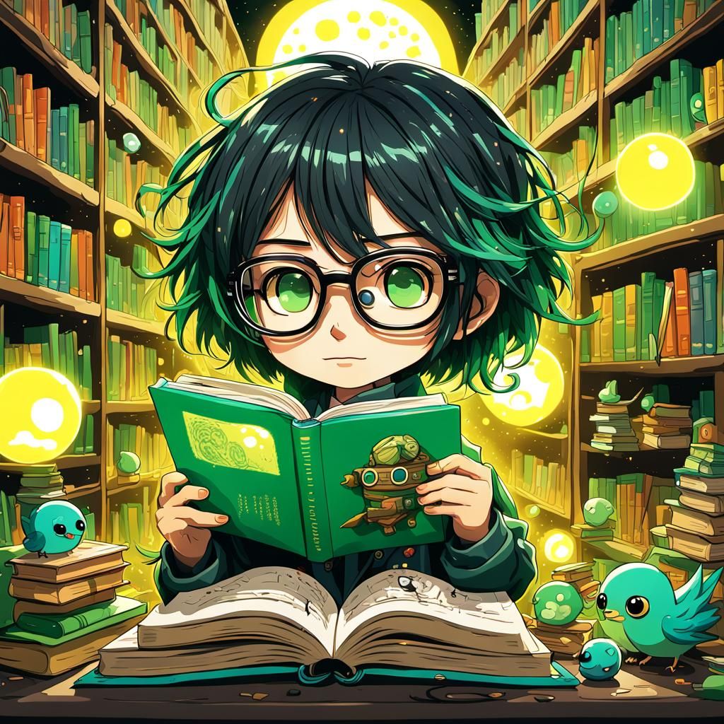 Anime Chibi Student Reading in Fantasy Library