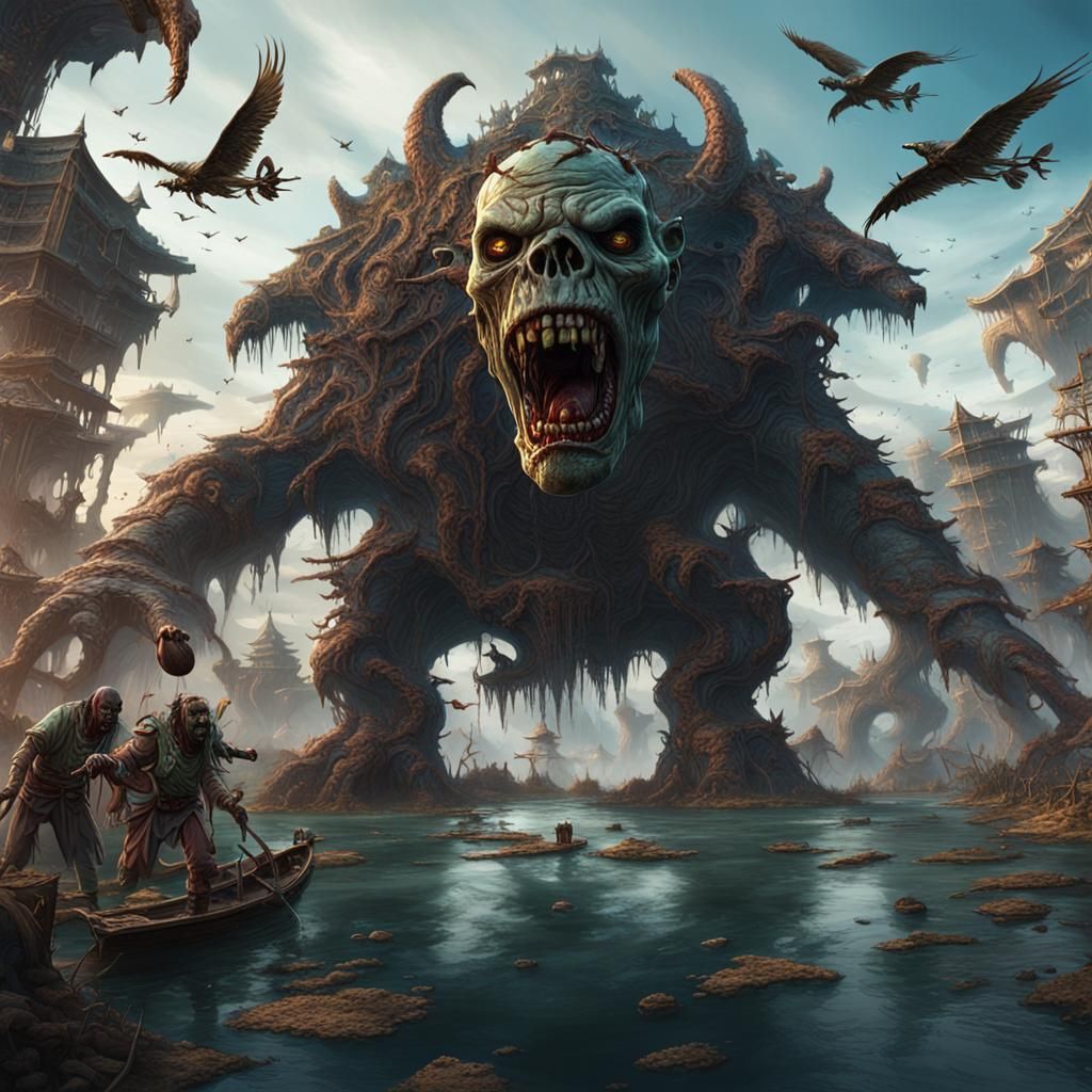 Zombie Pterosaur Over Congo Delta: Detailed Matte Painting