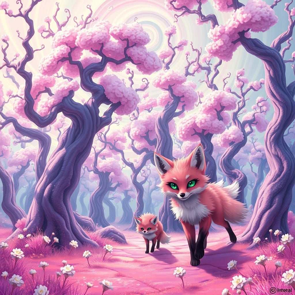 Whimsical Pink Fox Wanders a Fantastical Forest in Anime Sty...