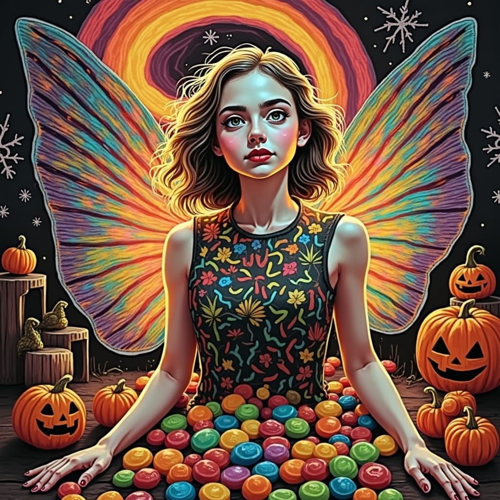 Halloween Card with Candy Fairy, Child's Crayon Style