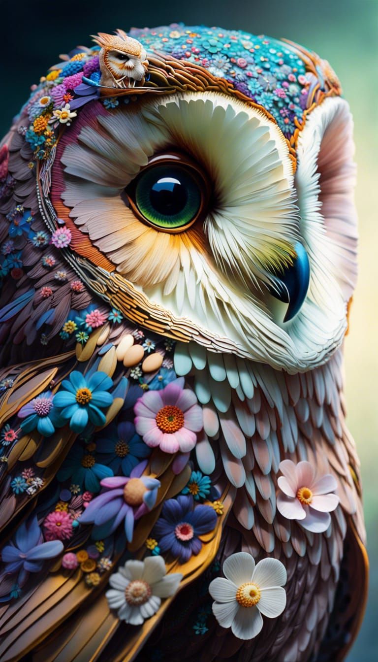 Floral Iridescent Owl Portrait: A Digital Masterpiece