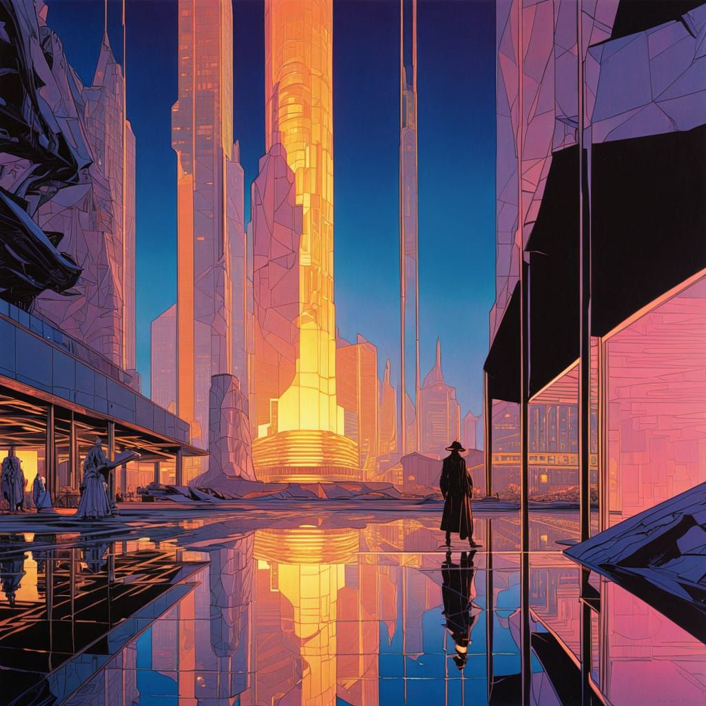 Glass Building Reflecting City Lights in Splash Art Style