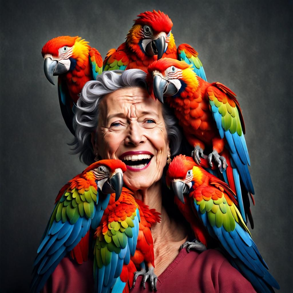 Happy Woman with Macaws, Photorealistic Vintage Photography